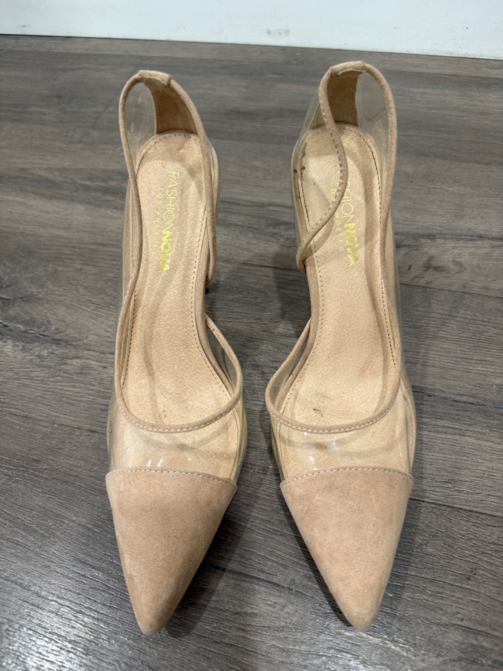 Fashion Nova Beige Pointed-Toe Clear Panel Slingback Heels